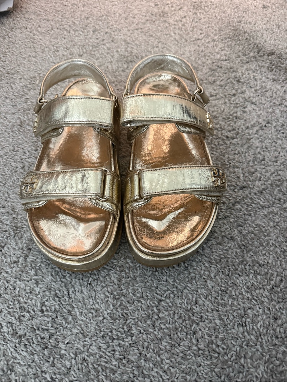 Tory Burch Metallic Gold Leather Velcro Sandals